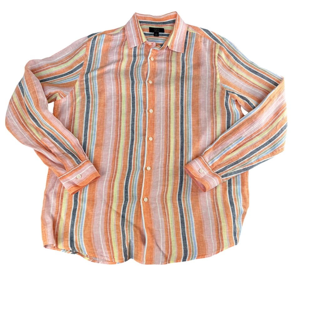 Club Room Luxury Mens Large 100% Linen‎ Striped Button Down Shirt Orange Multi